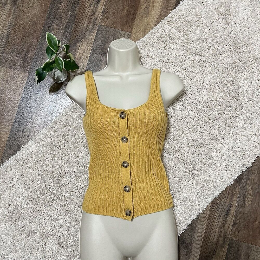 American Eagle XS Mustard Yellow Ribbed Scoop Neck Button Front Sweater Tank Top